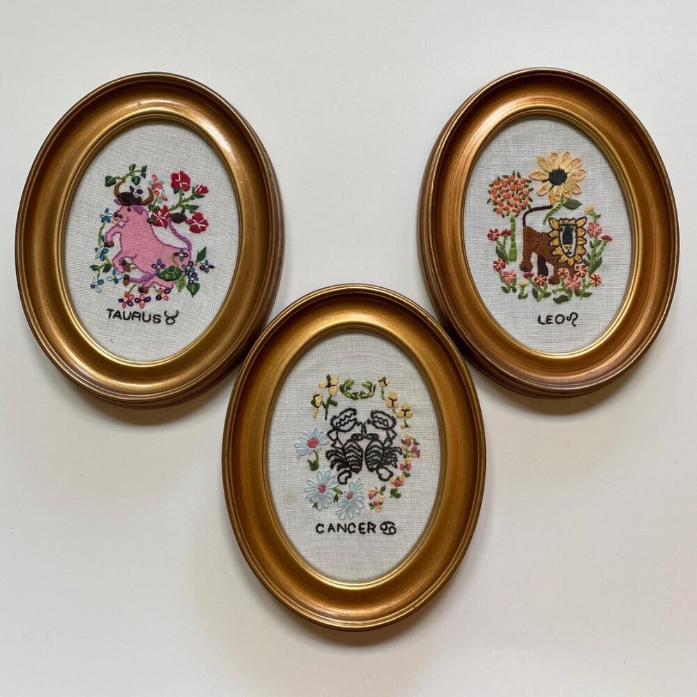 Embroidered Zodiac Horoscope Framed Wall Art Taurus Cancer Leo